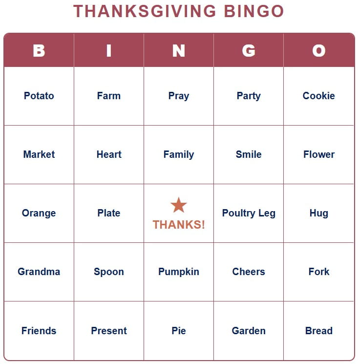 Free printable Thanksgiving Bingo cards with words