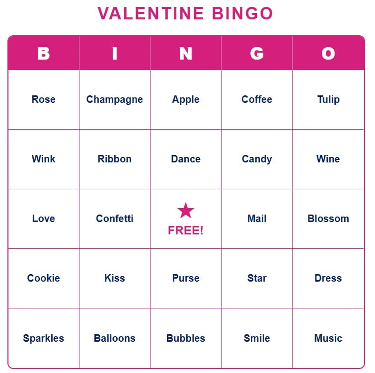 Free printable Valentine's Day Bingo cards with words